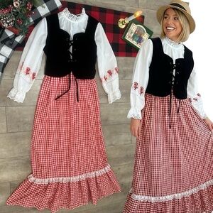 Vintage 70s Prairie Gingham Velvet Dress Cottage Core Women’s XS/Girls XL